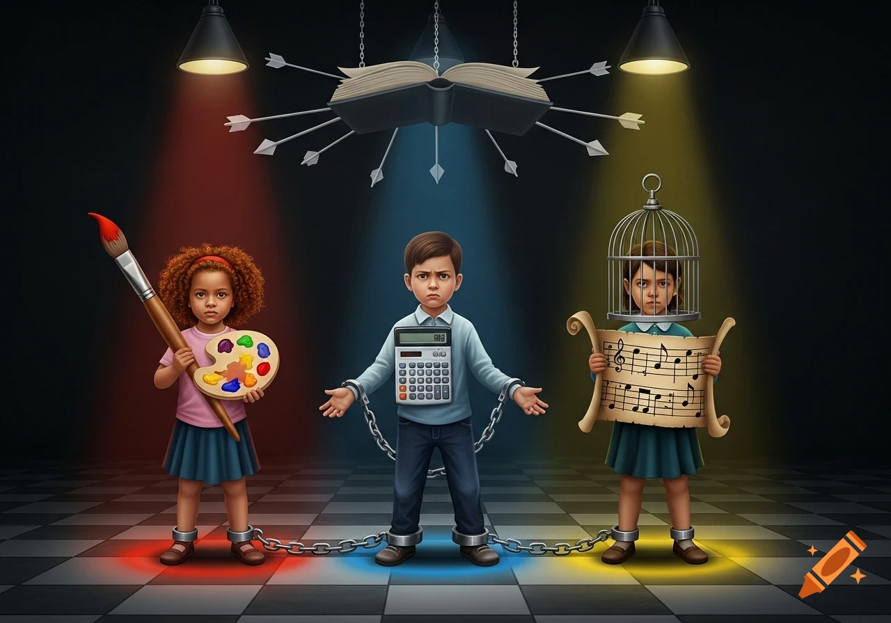 An illustration of three children representing art, math, and music, appearing constrained by chains, a calculator, and a birdcage, with arrows from a book above.