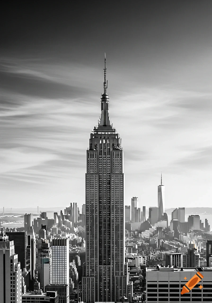 A towering, black and white image of the Empire State Building against a cloudy sky, with a sprawling city in the background.