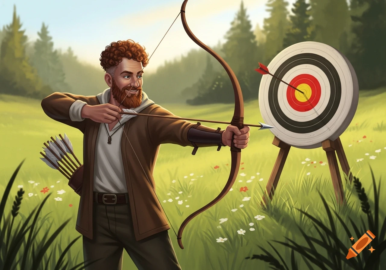 A red-bearded man with curly hair aims a bow and arrow at a bullseye target in a sunny, grassy field. Illustration style.