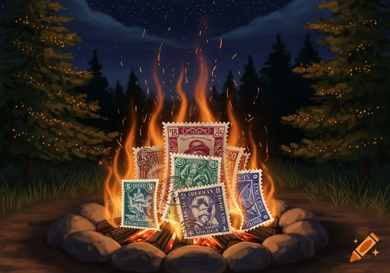 Postage stamps burning in a campfire under a starry night sky, surrounded by pine trees decorated with lights, in a painterly style.