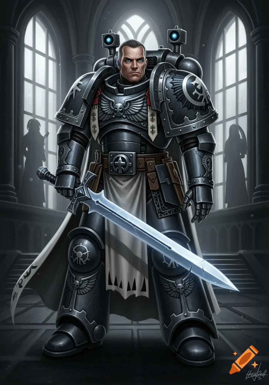 A heavily armored male warrior, similar to a Space Marine, stands in a gothic hall, holding a large, two-handed sword. He wears dark gray power armor with white and red accents, and has a stern expression.