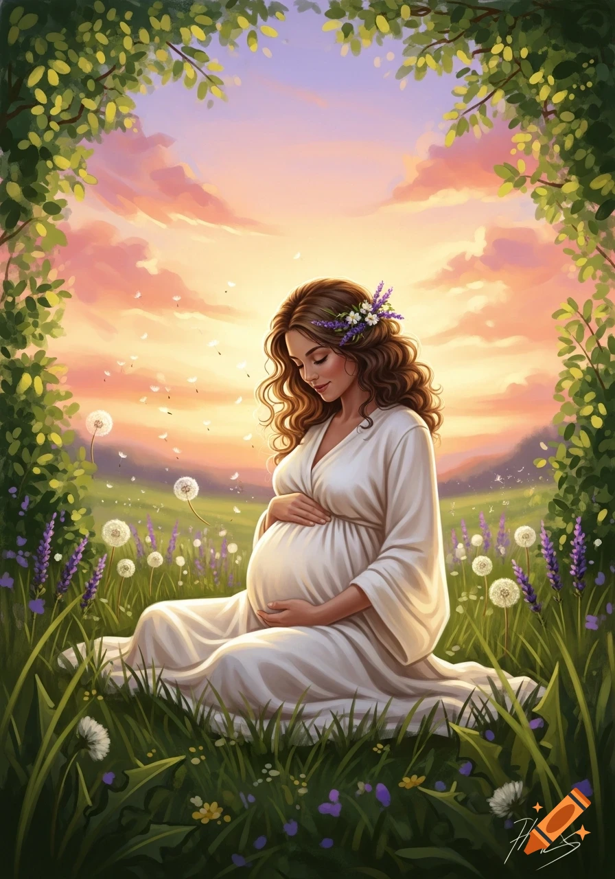 Illustrative painting of a pregnant woman in a white dress, sitting in a field of wildflowers at sunset, framed by green leaves.