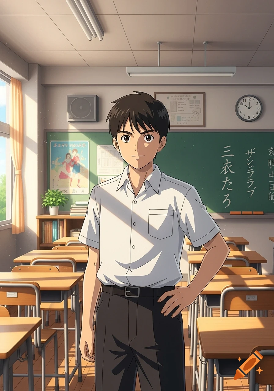 Anime style depiction of a dark-haired high school boy in a white shirt and black pants standing in a sunlit classroom.