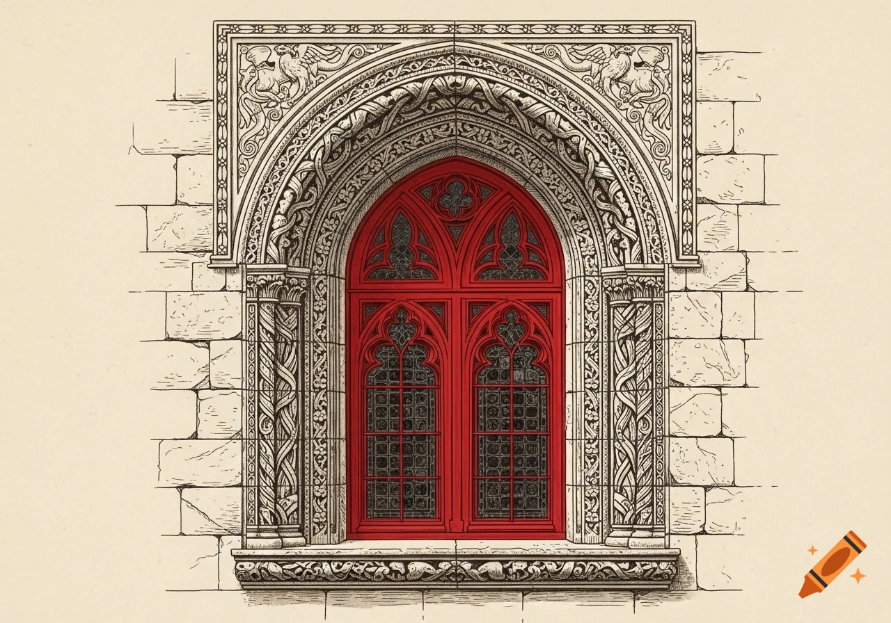 An engraving of an ornate red Romanesque window with intricate carvings on a stone wall.