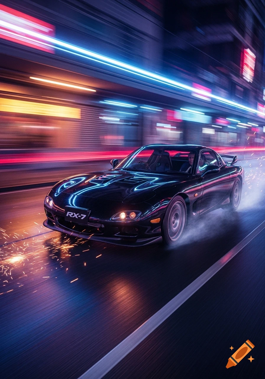 A black Mazda RX-7 sports car speeds through a neon-lit city street at night, leaving light trails and sparks.
