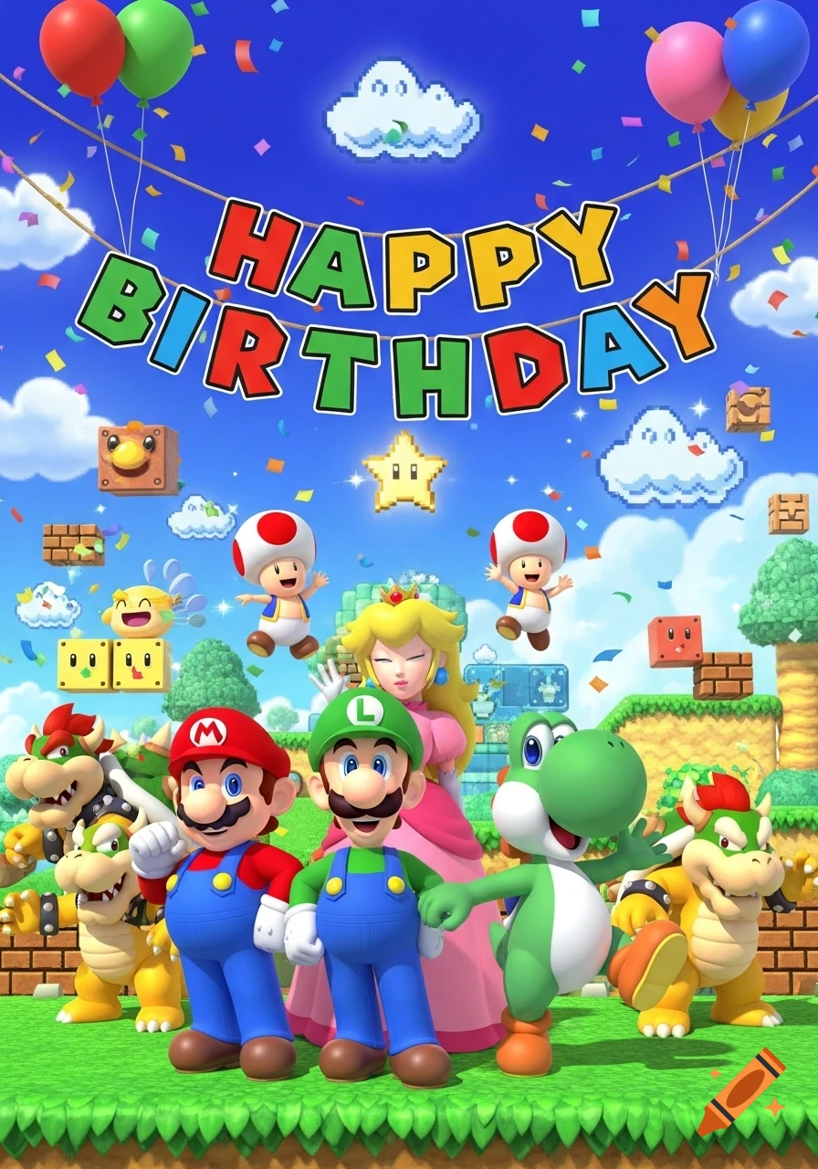 Super Mario characters including Mario, Luigi, Peach, Yoshi, Bowser, and Toads celebrating under a 'HAPPY BIRTHDAY' banner with balloons and confetti.