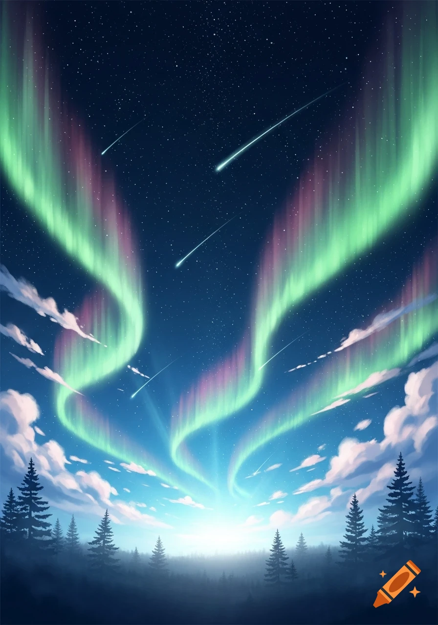 Vibrant green and pink aurora borealis fills a star-studded night sky above a dark forest and a bright horizon.
