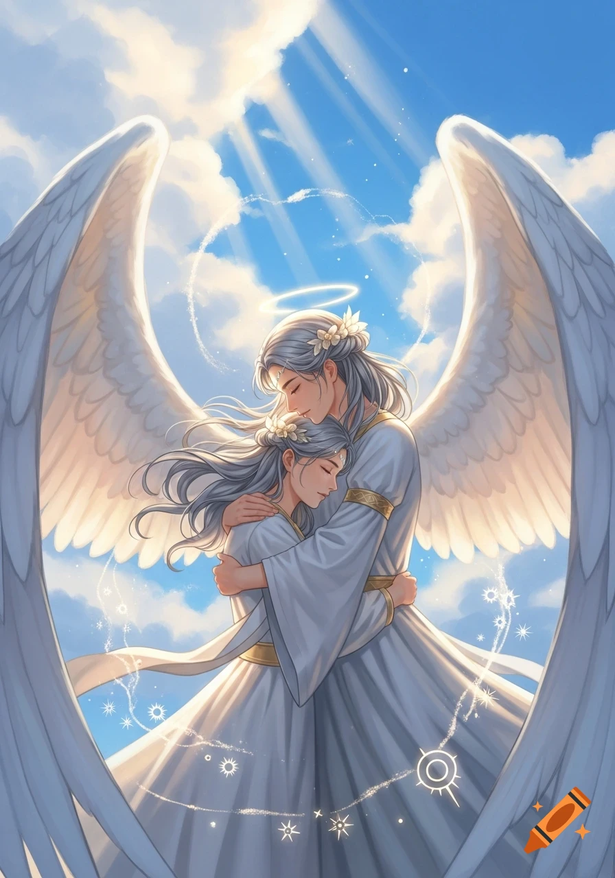 Two angelic figures with large white wings and halos embrace under a cloudy, sunlit sky, in an illustrative style.