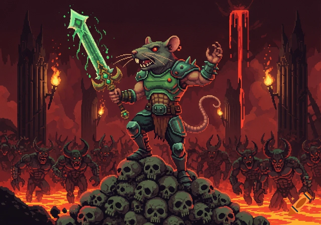 Pixel art of an armored rat-faced warrior on a pile of skulls, wielding a glowing sword in a hellish landscape with demons.
