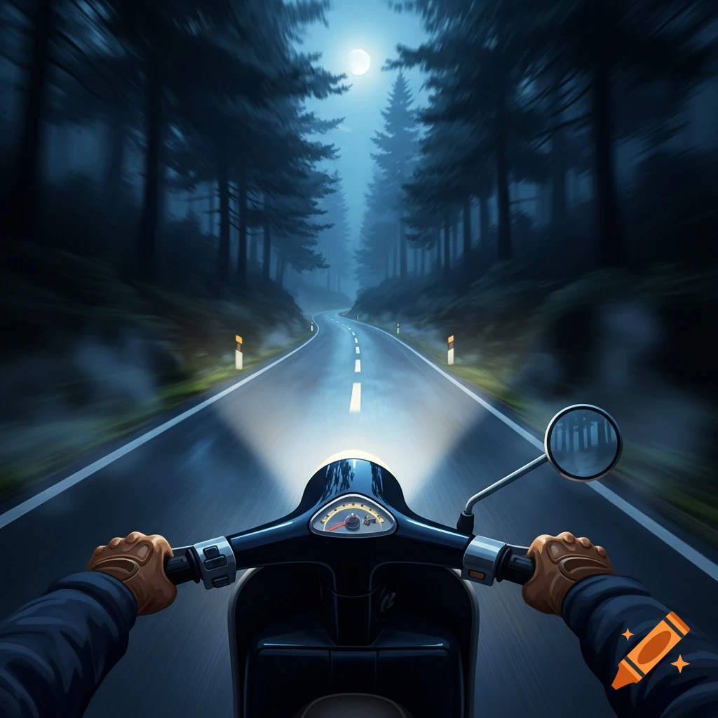 POV of a person riding a scooter at night on a winding forest road under a full moon, headlights visible, in an illustrative style.