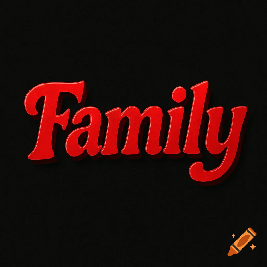 Red 3D stylized text of the word 'Family' with a glossy finish against a dark background.