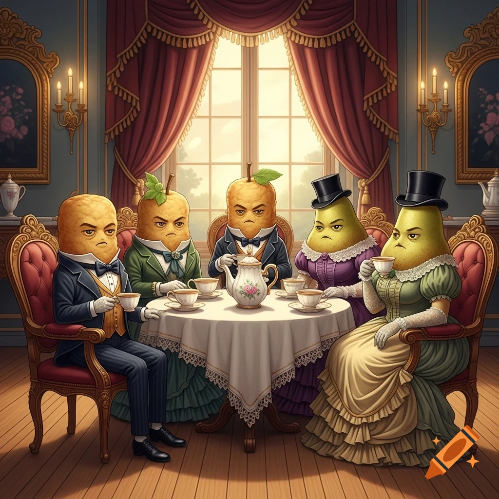 Grumpy anthropomorphic tater tots and pears in Victorian clothes sip tea in an ornate room.