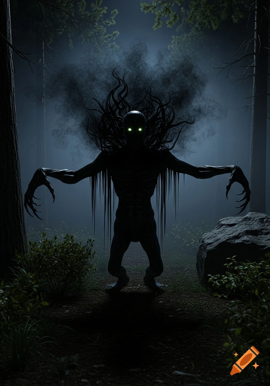 A dark, shadowy, emaciated monster with glowing green eyes and tendrils stands in a misty forest at night, evoking a horror style.