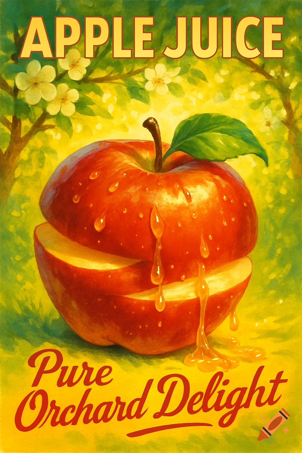 Vintage poster of a sliced red apple with dripping juice in an orchard, with text 'APPLE JUICE' and 'Pure Orchard Delight'.