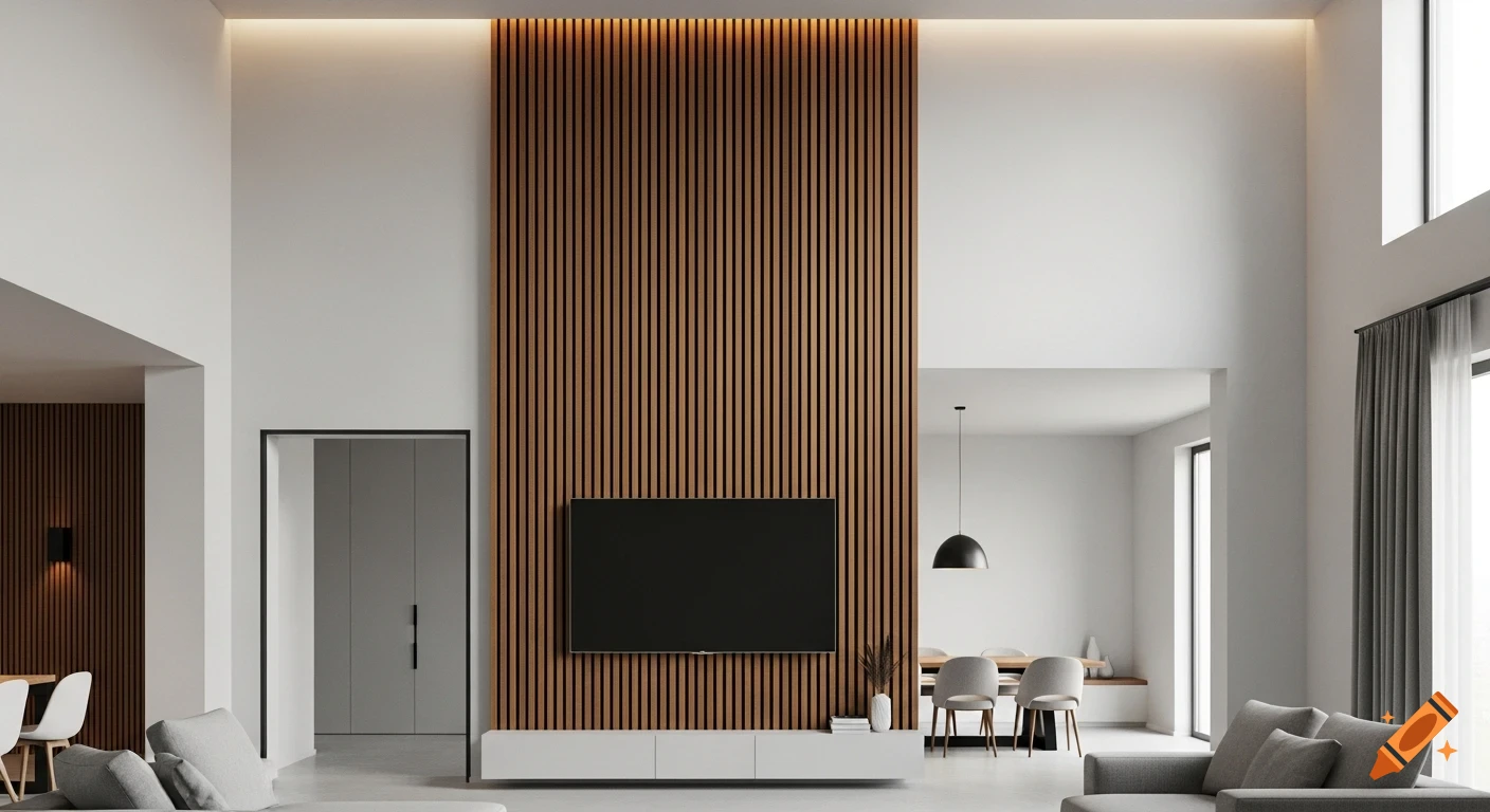 A modern minimalist living room featuring a mounted TV on a tall vertical wood slat accent wall with warm LED lighting and high ceilings.