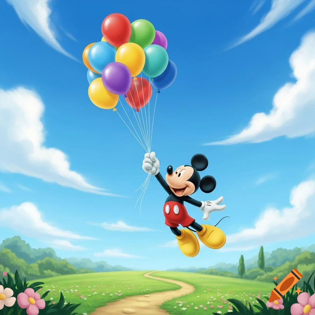 Mickey Mouse floats in a bright blue sky, holding a bunch of colorful balloons, above a green field with a winding path.