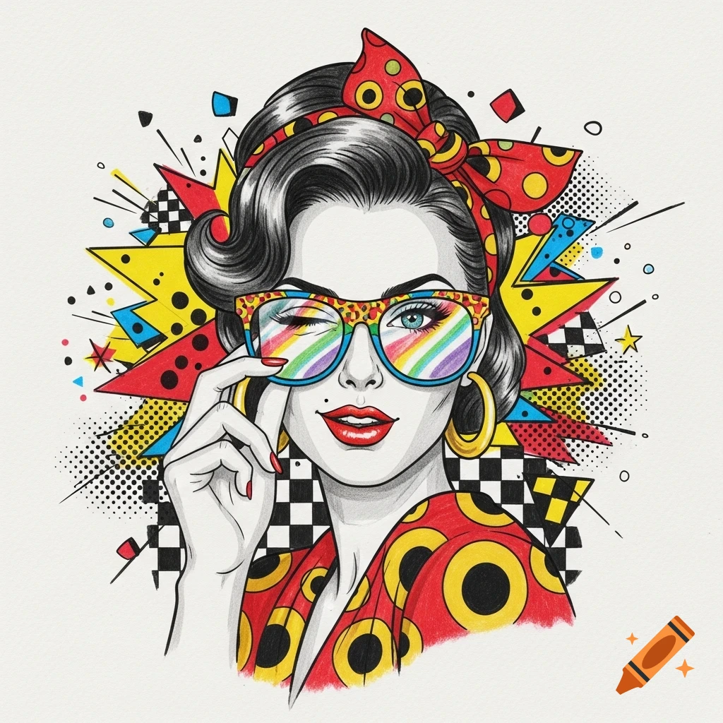 Pop art illustration of a winking woman with dark hair, a red headscarf, and colorful patterned sunglasses.