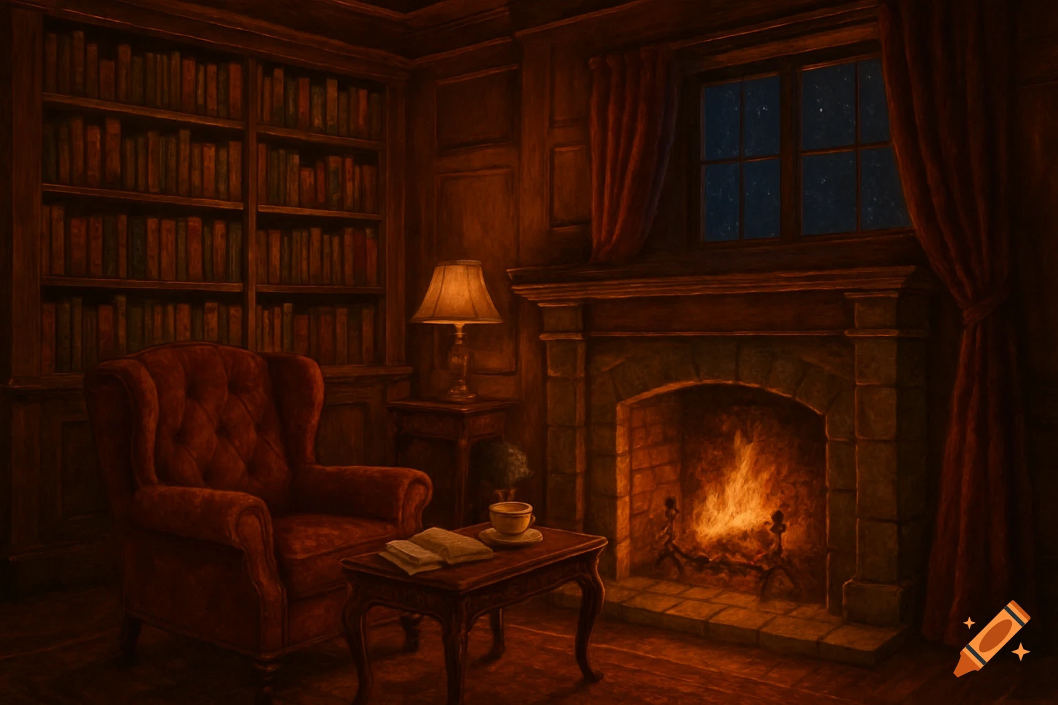 A warmly lit, cozy study with a burning fireplace, a red armchair, a large bookshelf, and a table with an open book and tea. A starry night is visible through the window.