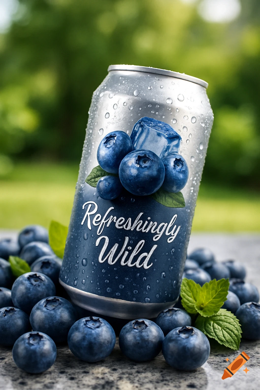 Photorealistic image of a condensation-covered 'Refreshingly Wild' sparkling water can, surrounded by blueberries and mint on granite, with a blurred garden background.