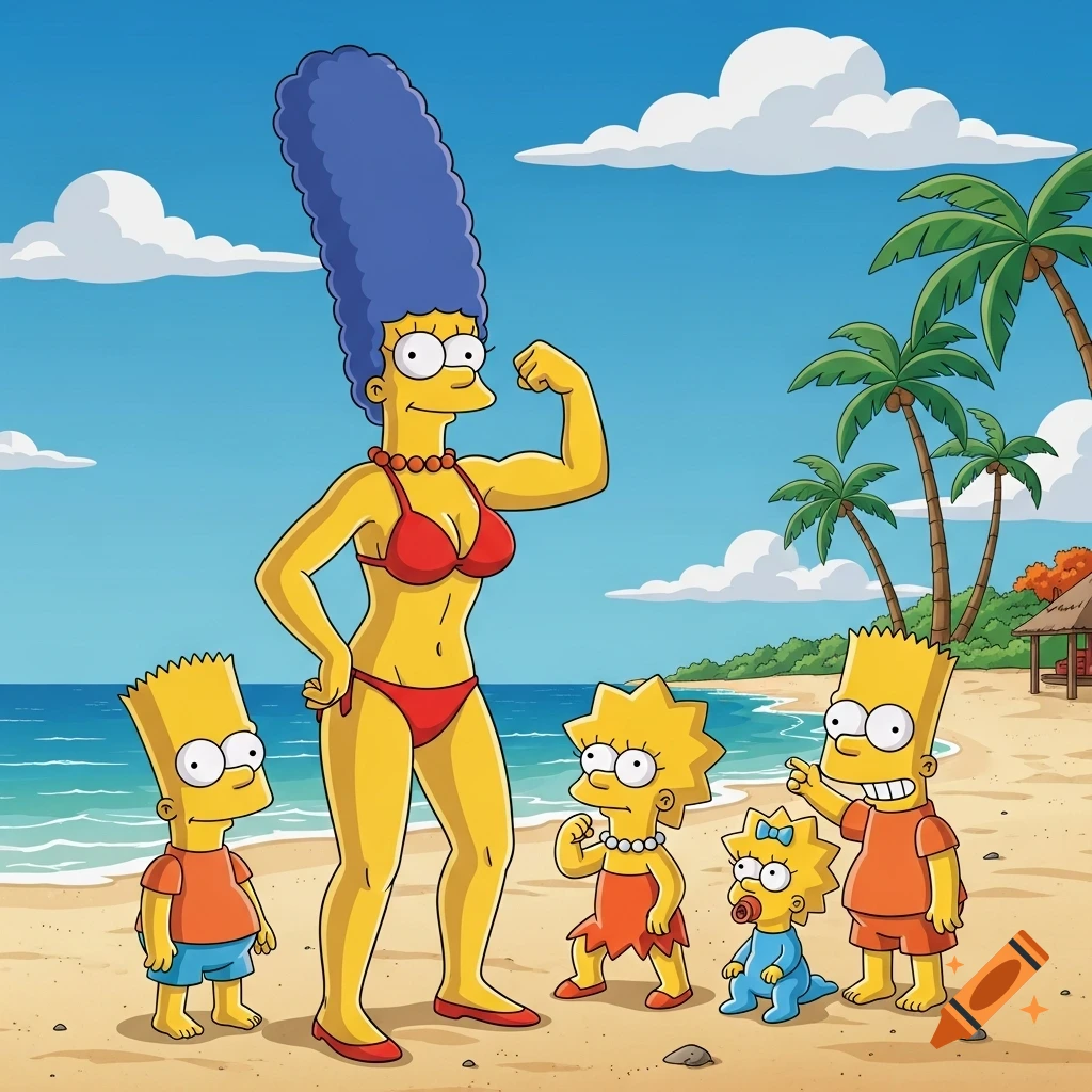 Marge Simpson, in a red bikini, flexes her bicep while standing with Bart, Lisa, and Maggie on a sandy beach under a blue sky, in the style of The Simpsons.