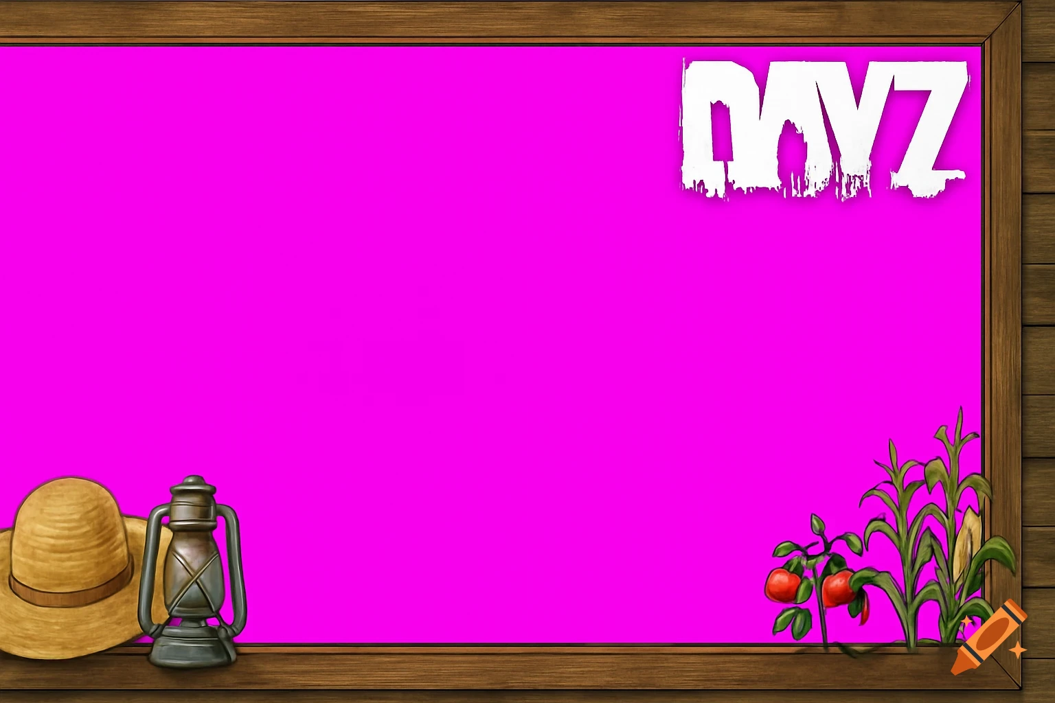 A DayZ farmer stream overlay with a pink chroma key background, a straw hat, lantern, tomatoes, and corn within a rustic wooden frame.