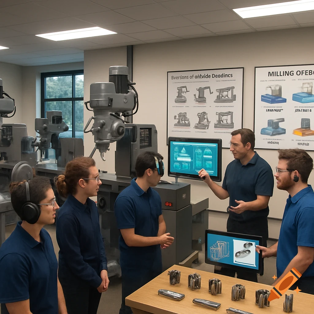 A man in a blue polo shirt teaches a group of three students in a workshop with milling machines, pointing at a computer screen showing schematics. Another screen and metal objects are on a table.