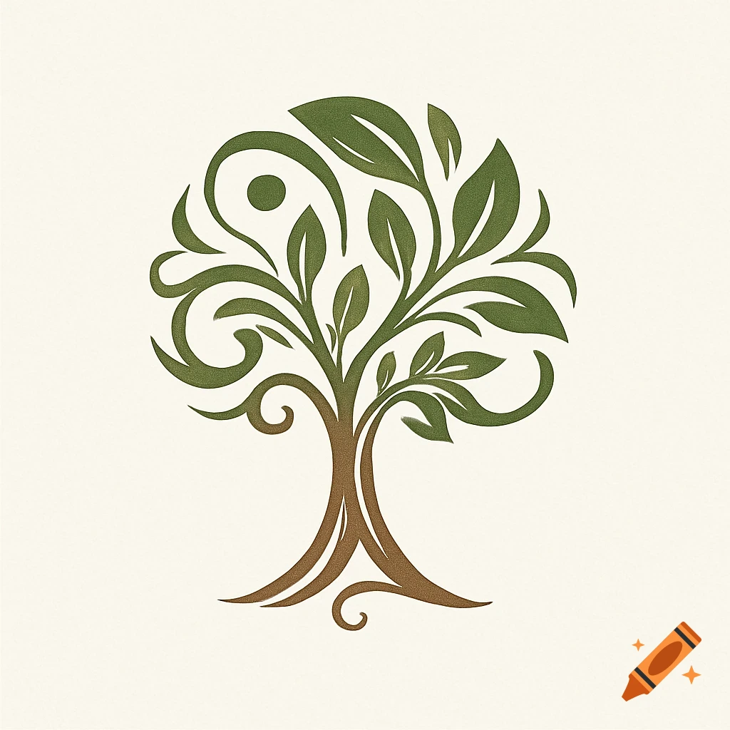 Stylized tree logo with a brown trunk and intricate green leaves forming a circular crown, on a light background.