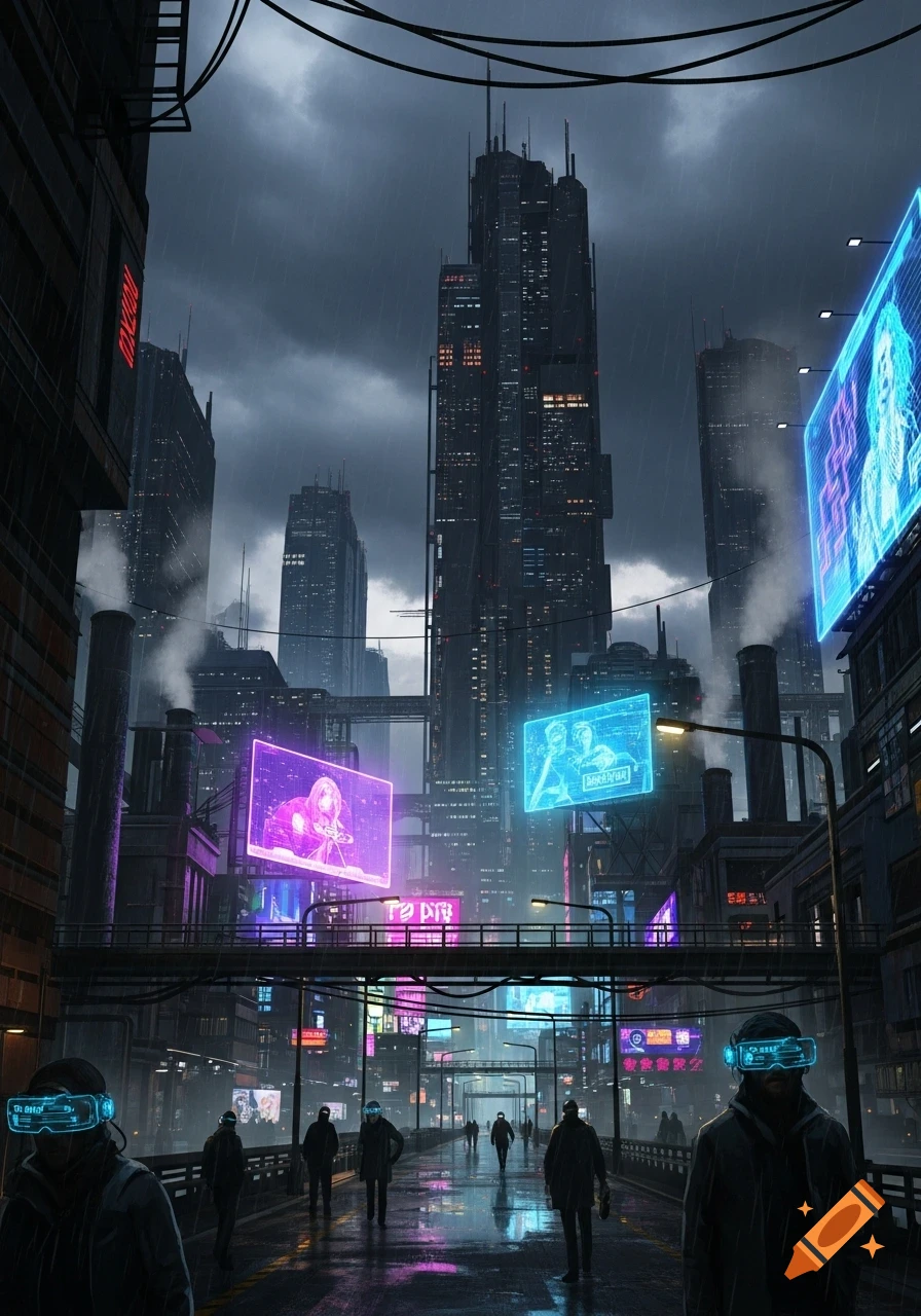 A dark, rainy cyberpunk city street at night, with towering skyscrapers ...