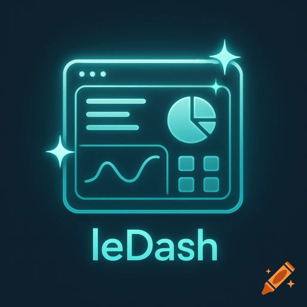 Glowing blue-green dashboard icon with charts and data elements, labeled "leDash" below it, on a dark background.