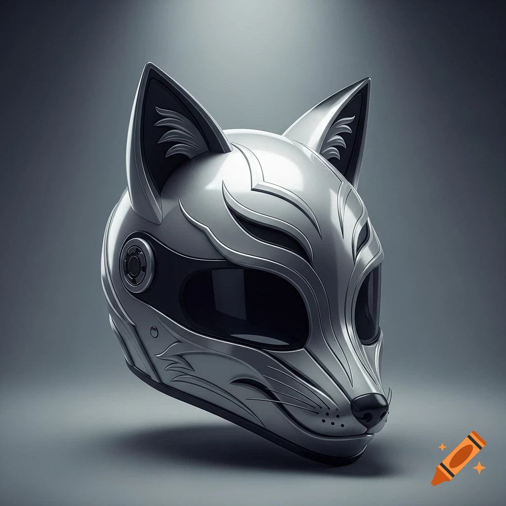 Sleek silver metallic helmet with a fox-like design and dark eye openings on a grey background.