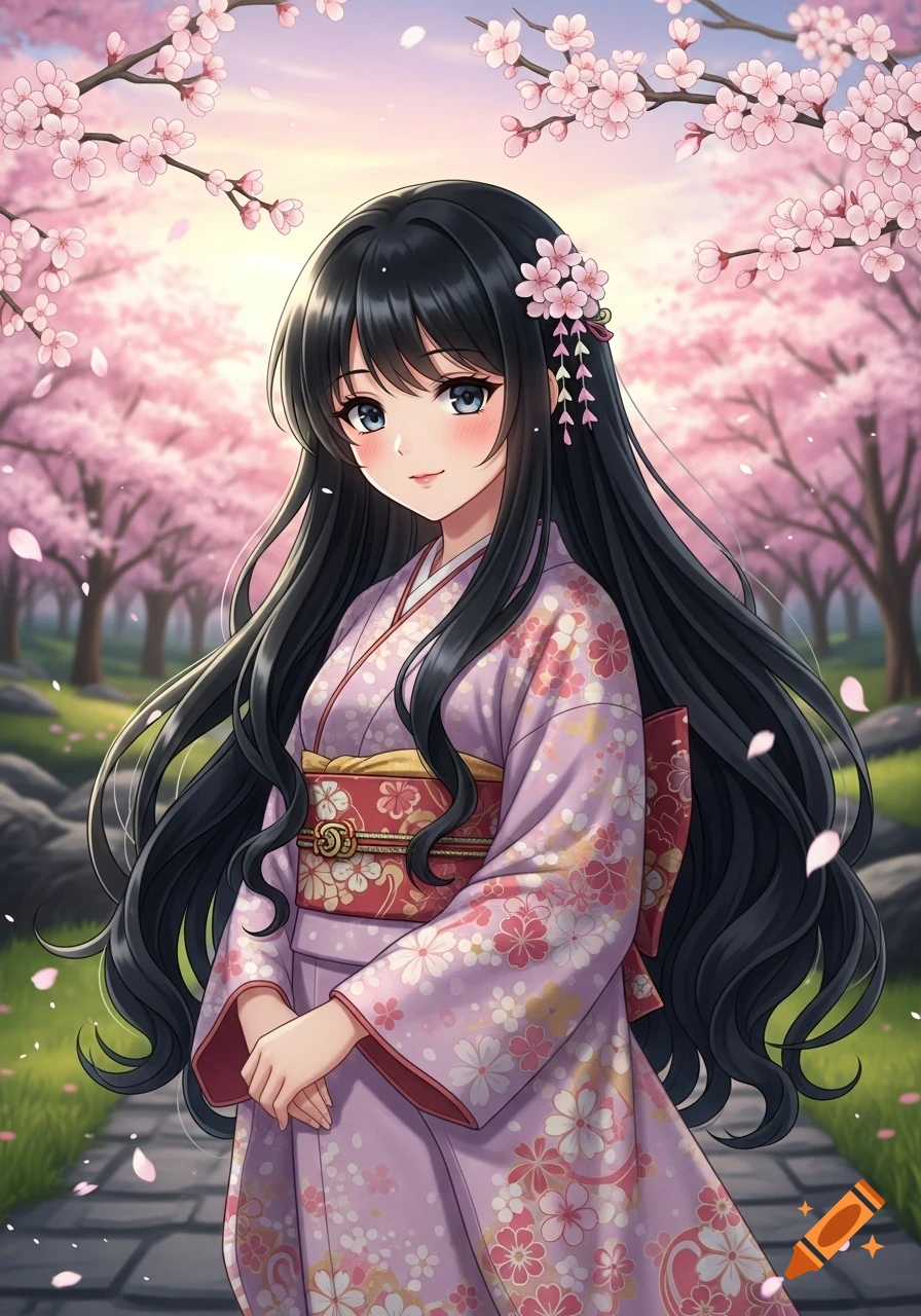An anime girl with long black hair in a pink kimono stands in a cherry blossom garden, with petals falling.