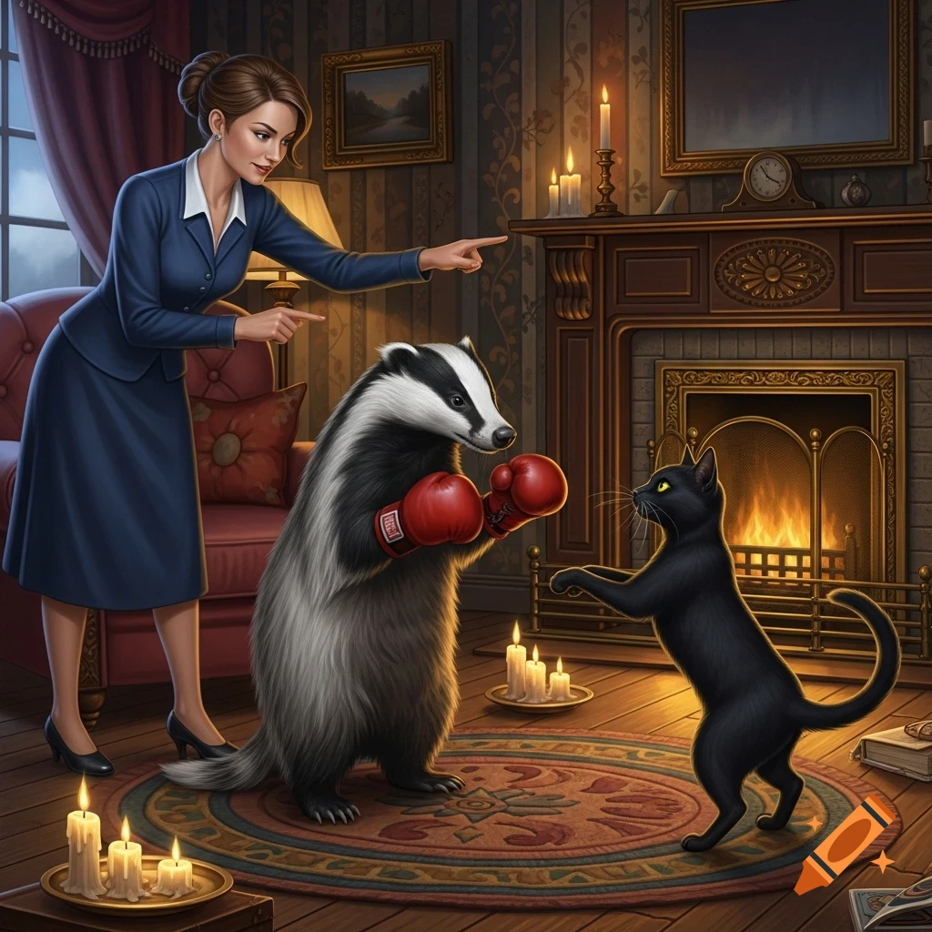 A woman in a blue suit points at a badger in red boxing gloves facing a black cat in a cozy room with a lit fireplace.
