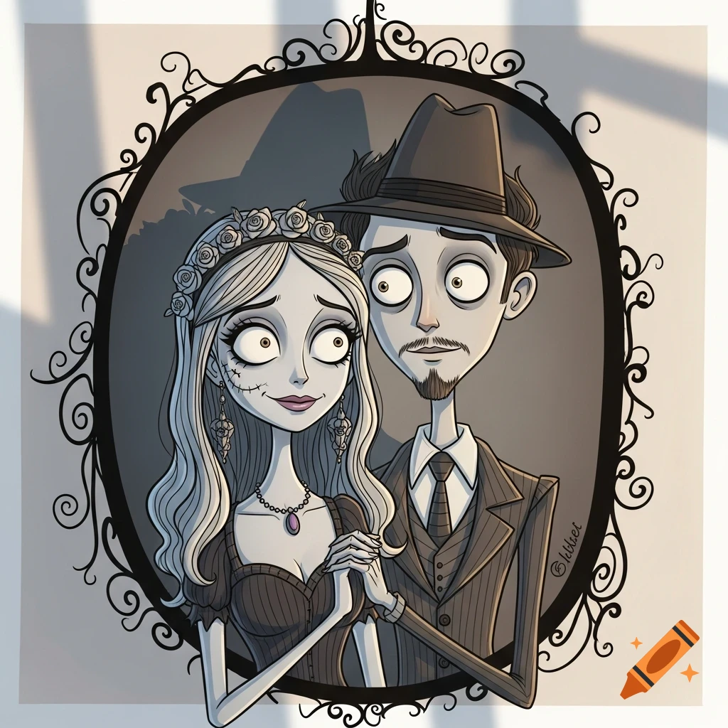Gothic cartoon illustration of a couple in a decorative frame, resembling Tim Burton's Corpse Bride, with expressive large eyes.