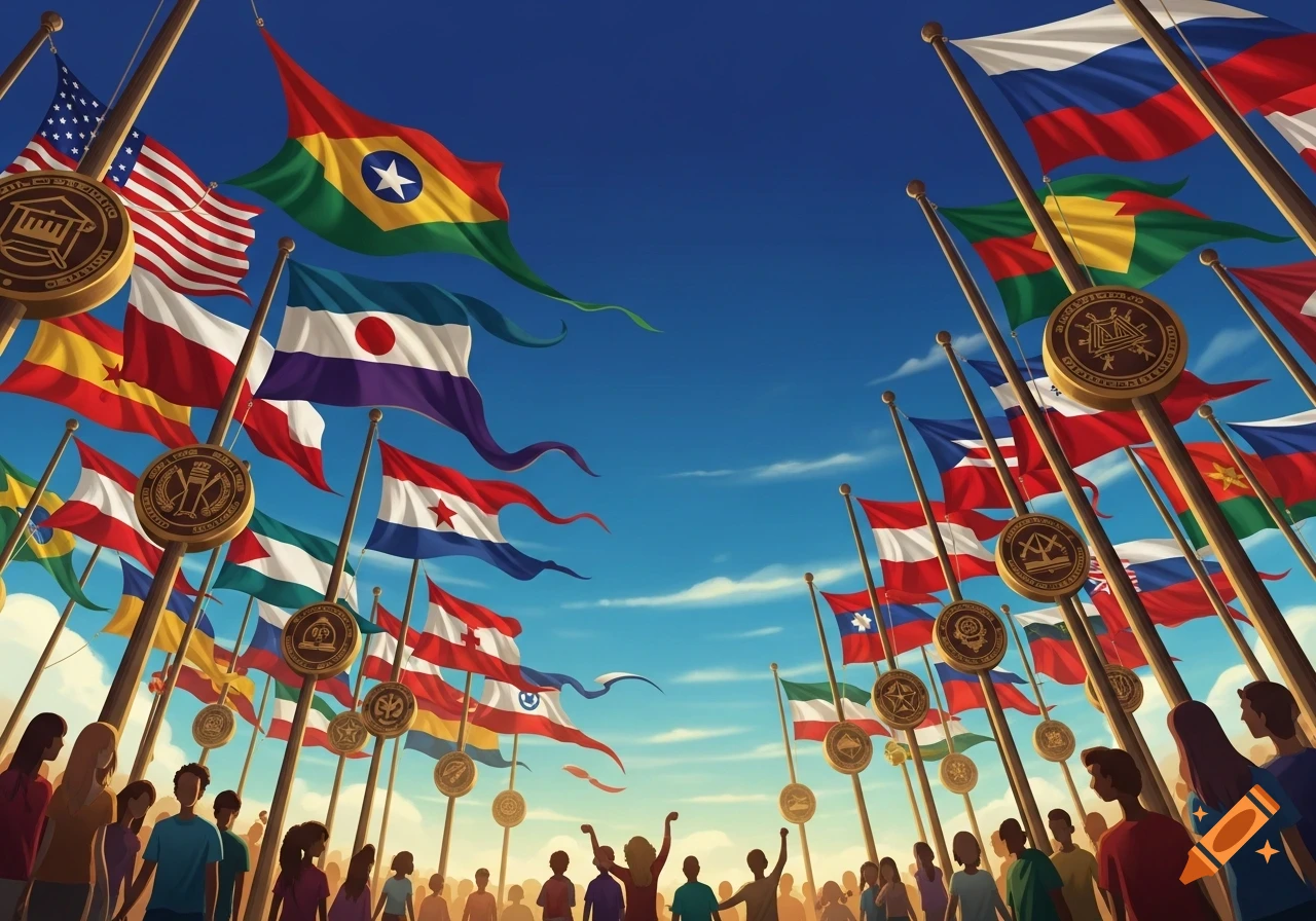 A vibrant illustration of a diverse crowd beneath numerous colorful flags on tall poles against a blue sky.