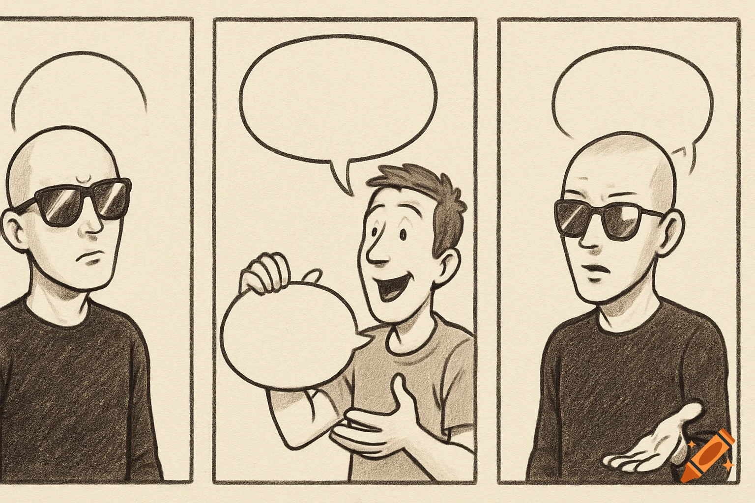 A three-frame sepia-toned hand-drawn cartoon. A bald man in sunglasses and another man converse with empty speech bubbles.