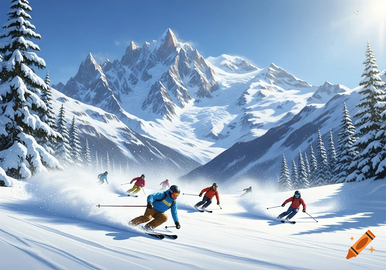 Several skiers race down a snow-covered mountain slope with majestic, jagged peaks and pine trees under a clear blue sky.