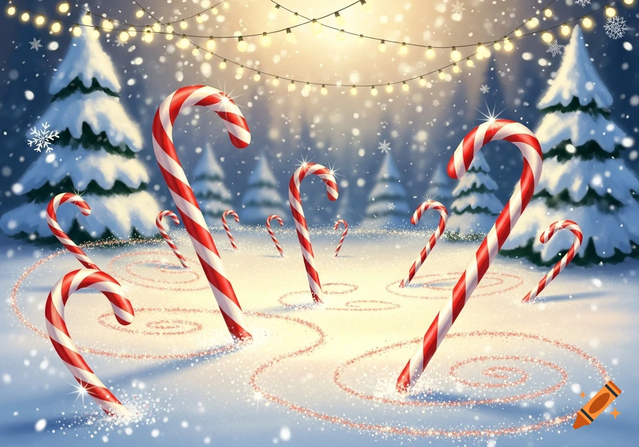 Festive candy canes in a snowy winter wonderland with pine trees and string lights, surrounded by swirling glitter on the ground.