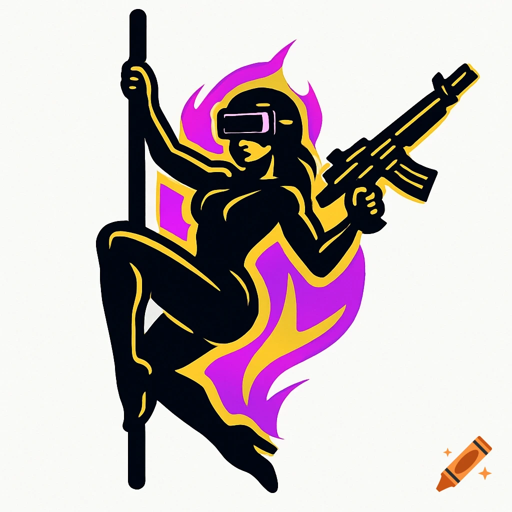 Stylized esports logo of a cyberpunk female warrior in a VR headset, pole dancing with an assault rifle, in black, purple, and gold.