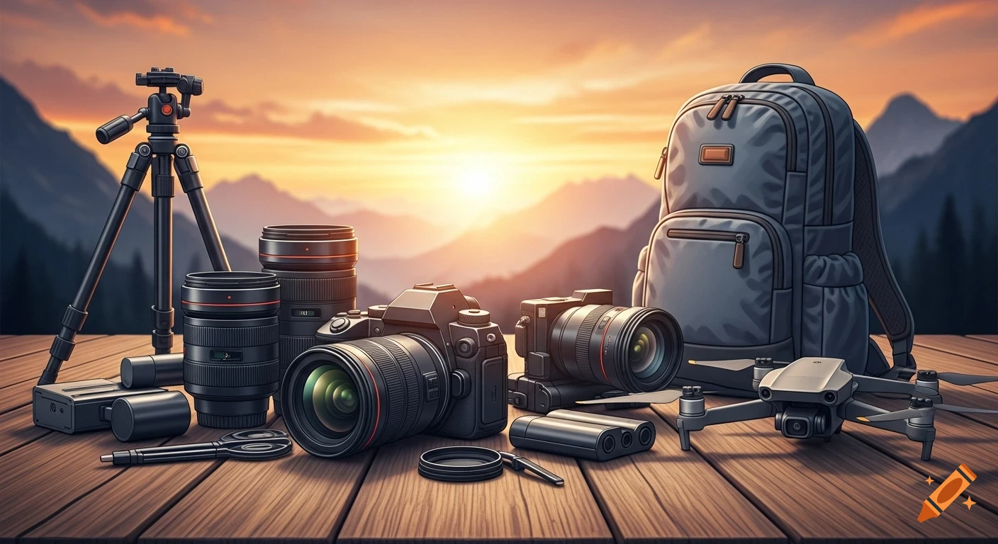 Camera gear including DSLRs, lenses, tripod, drone, and backpack on a wooden table, with a mountain sunset background.