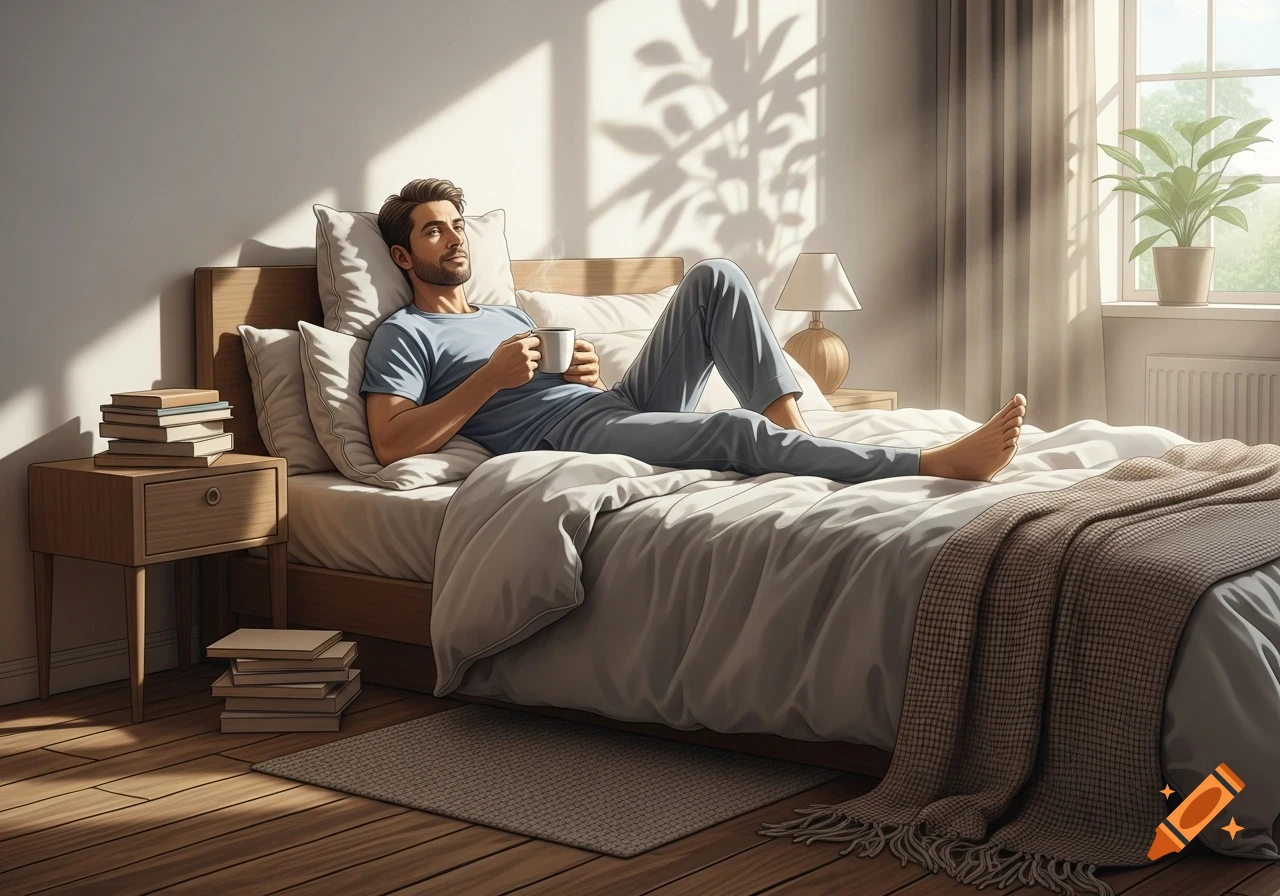 A man in pajamas lies in a cozy, sunlit bedroom, sipping coffee in the morning light. Photorealistic style.