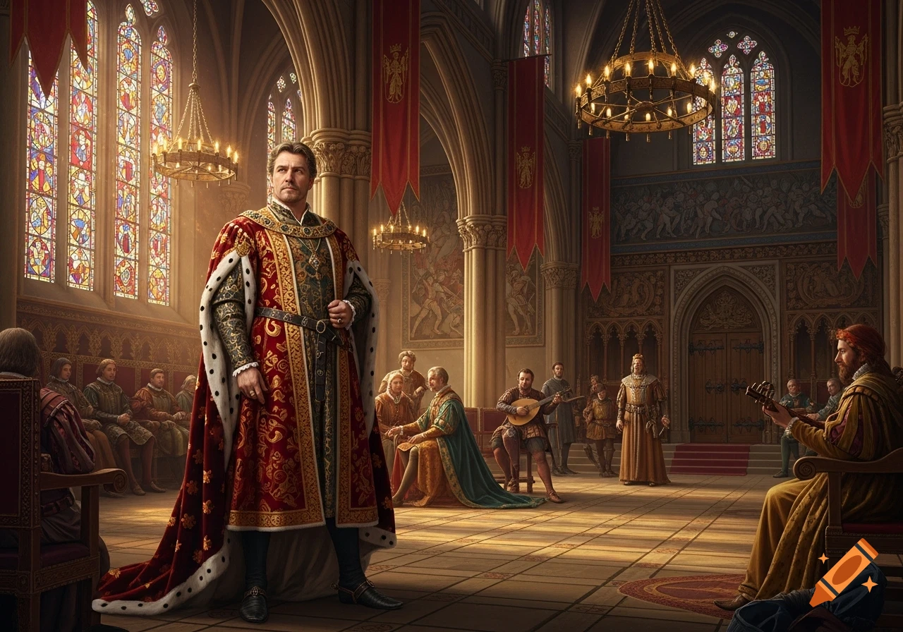 A regal man in ornate red and gold robes stands in a grand royal hall with stained-glass windows and courtiers, in the style of an old English painting.