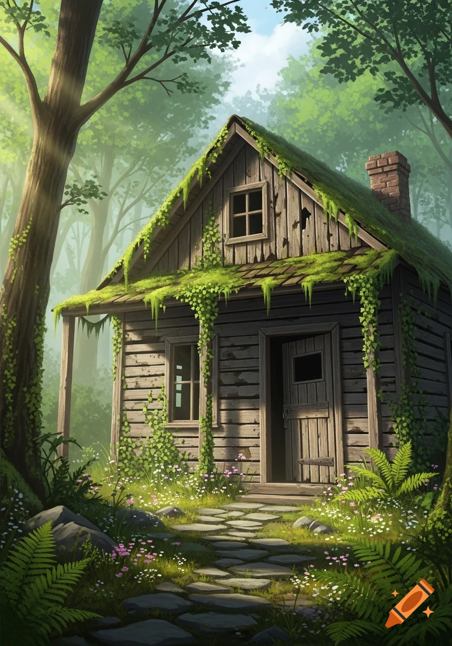An illustration of an old, moss-covered wooden cabin in a lush green forest with a stone path.