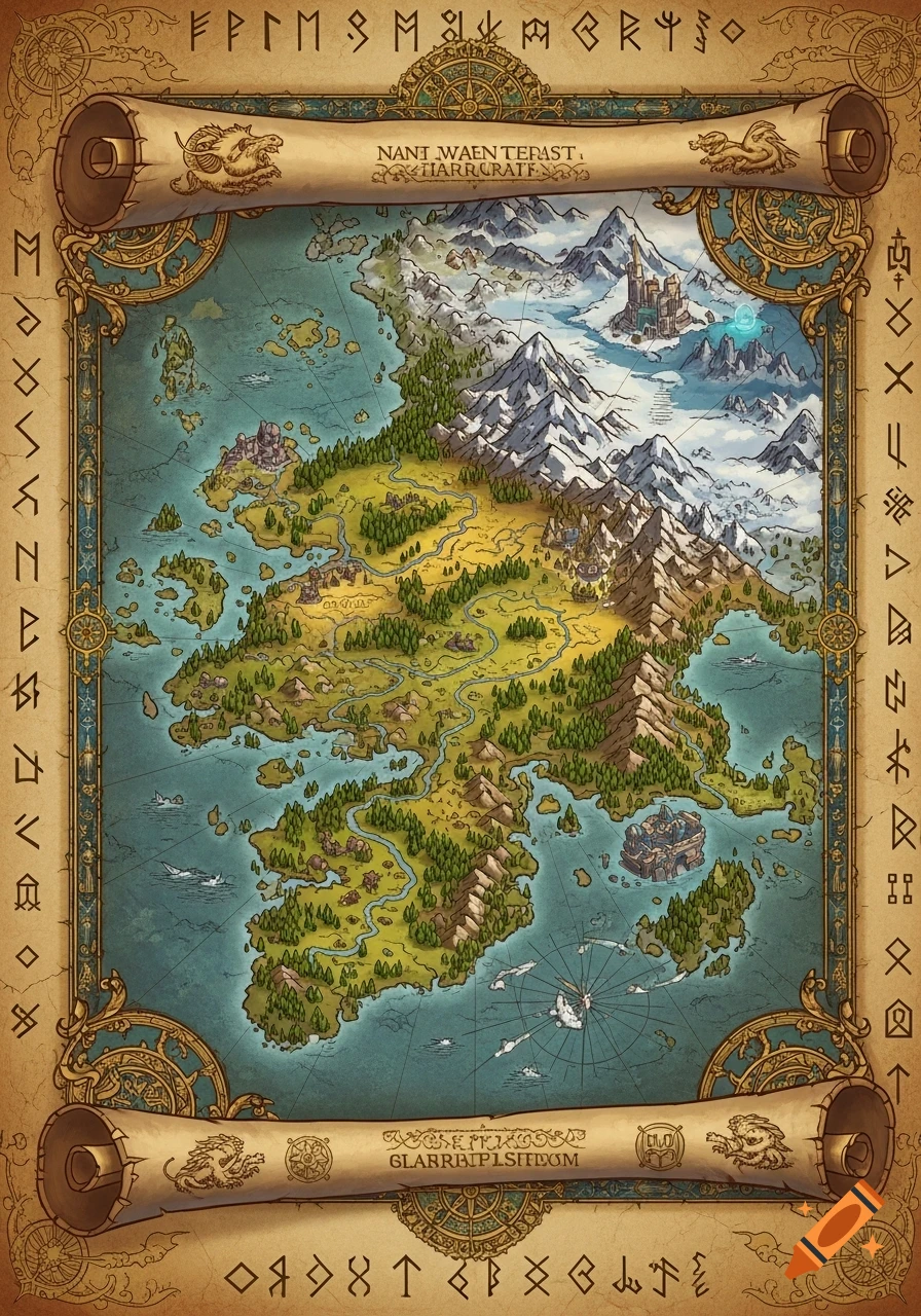A highly detailed, stylized fantasy map reminiscent of World of Warcraft, featuring continents with mountains, forests, rivers, and coastal towns, all framed by decorative scrolls and runes.