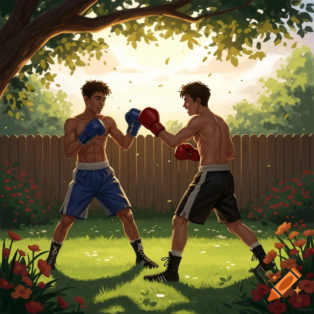 Two shirtless young men with boxing gloves and shorts spar in a sunny green backyard with a wooden fence and flowers, in an illustrative style.