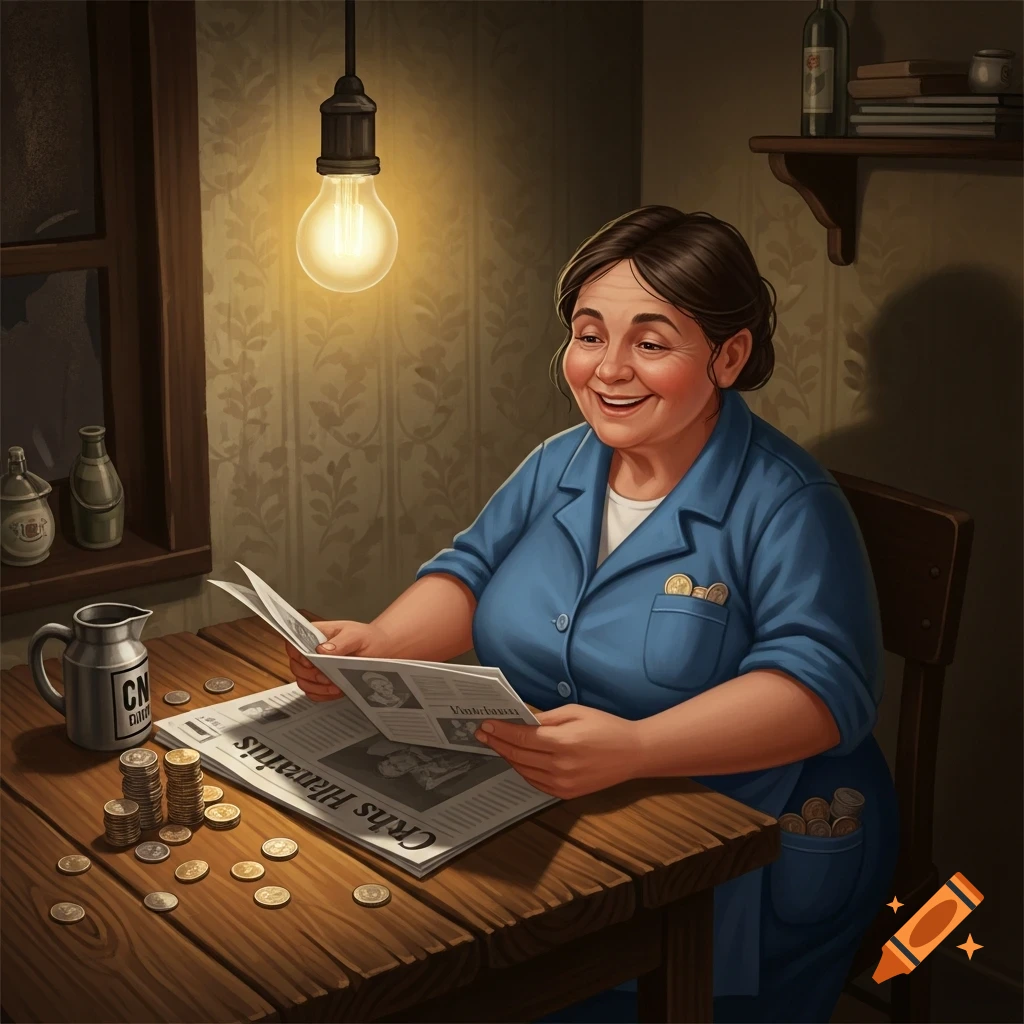 An illustration of a smiling woman in a blue uniform sitting at a wooden table with stacks of coins and a newspaper under a bright light bulb.