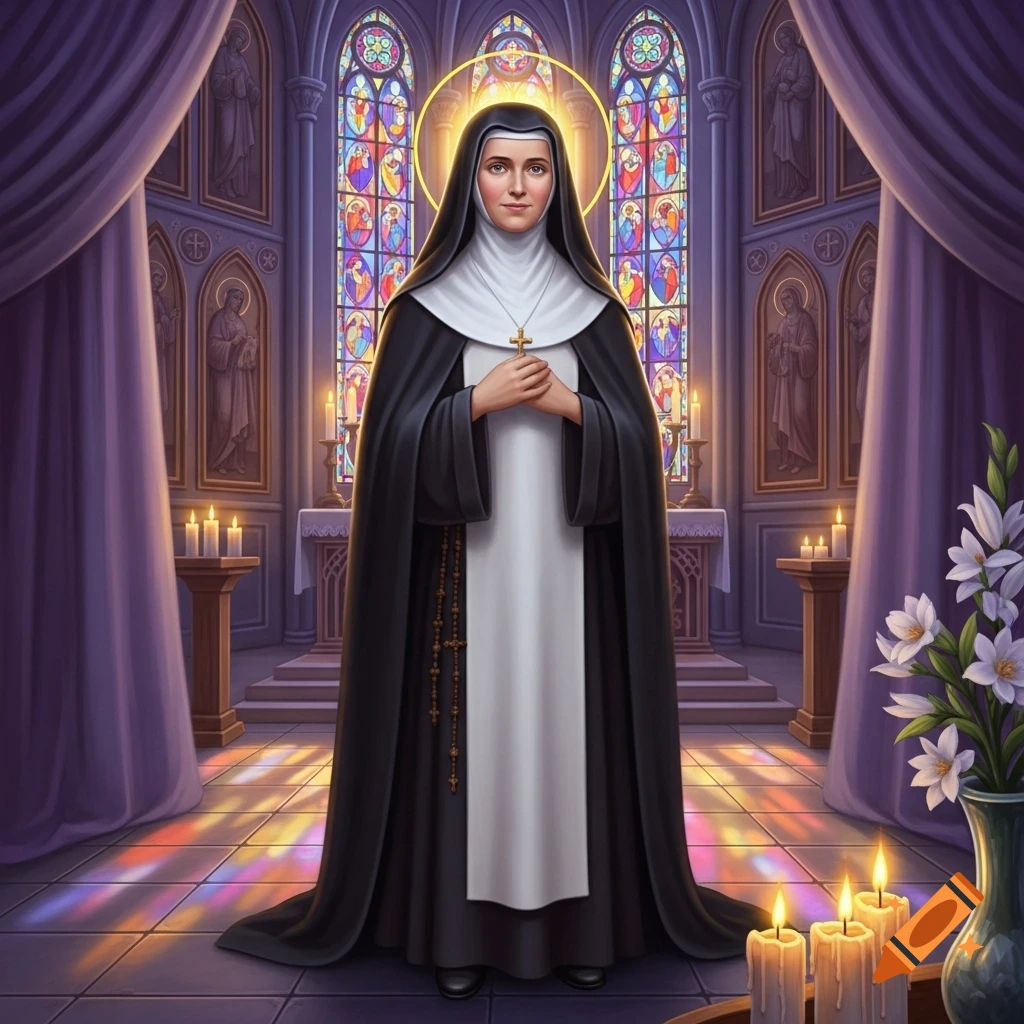 A pious nun with a halo and rosary stands in a gothic church, bathed in light from stained glass windows.