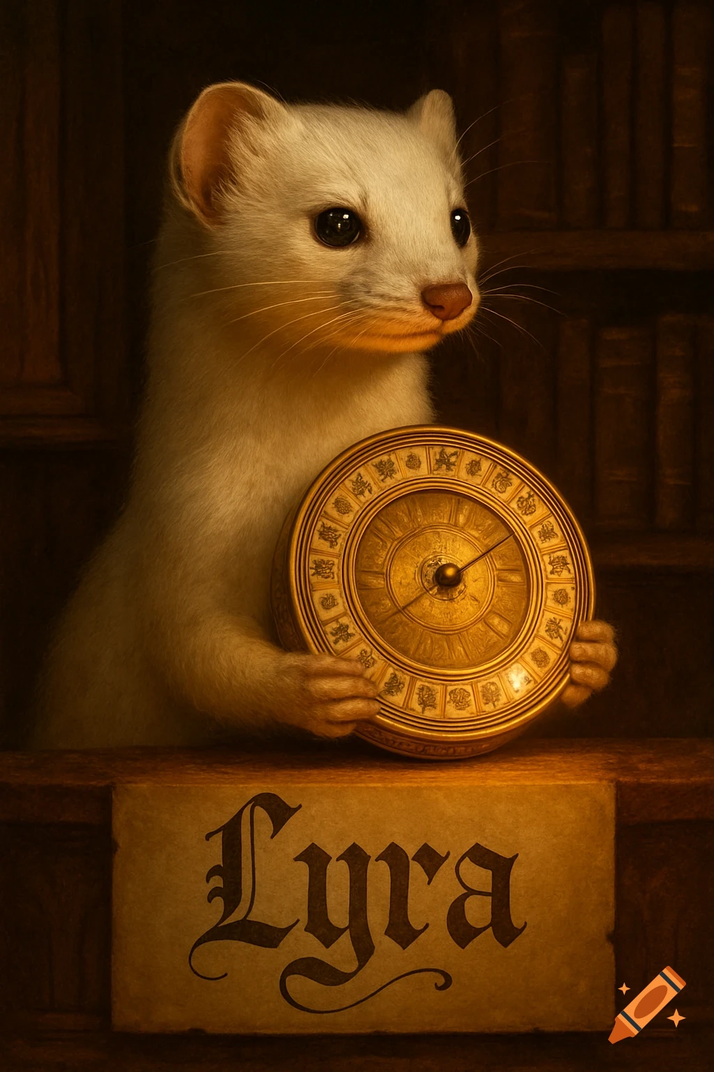 A white ermine holding a golden althiometer instrument, with the name 'Lyra' in medieval calligraphy below, set against a dark bookshelf background.