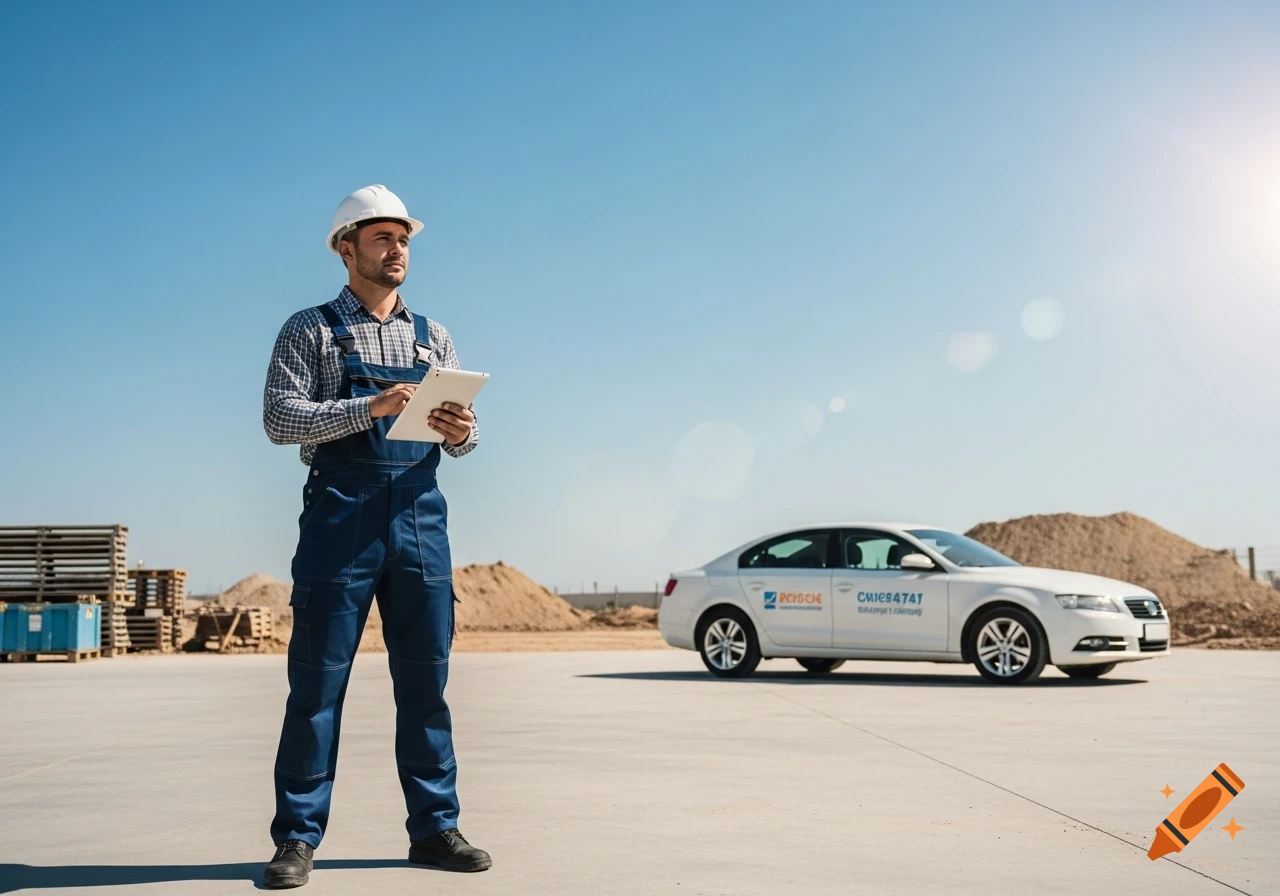 A man in a hard hat and overalls holds a tablet at a construction site with a white company car and dirt piles under a clear sky.