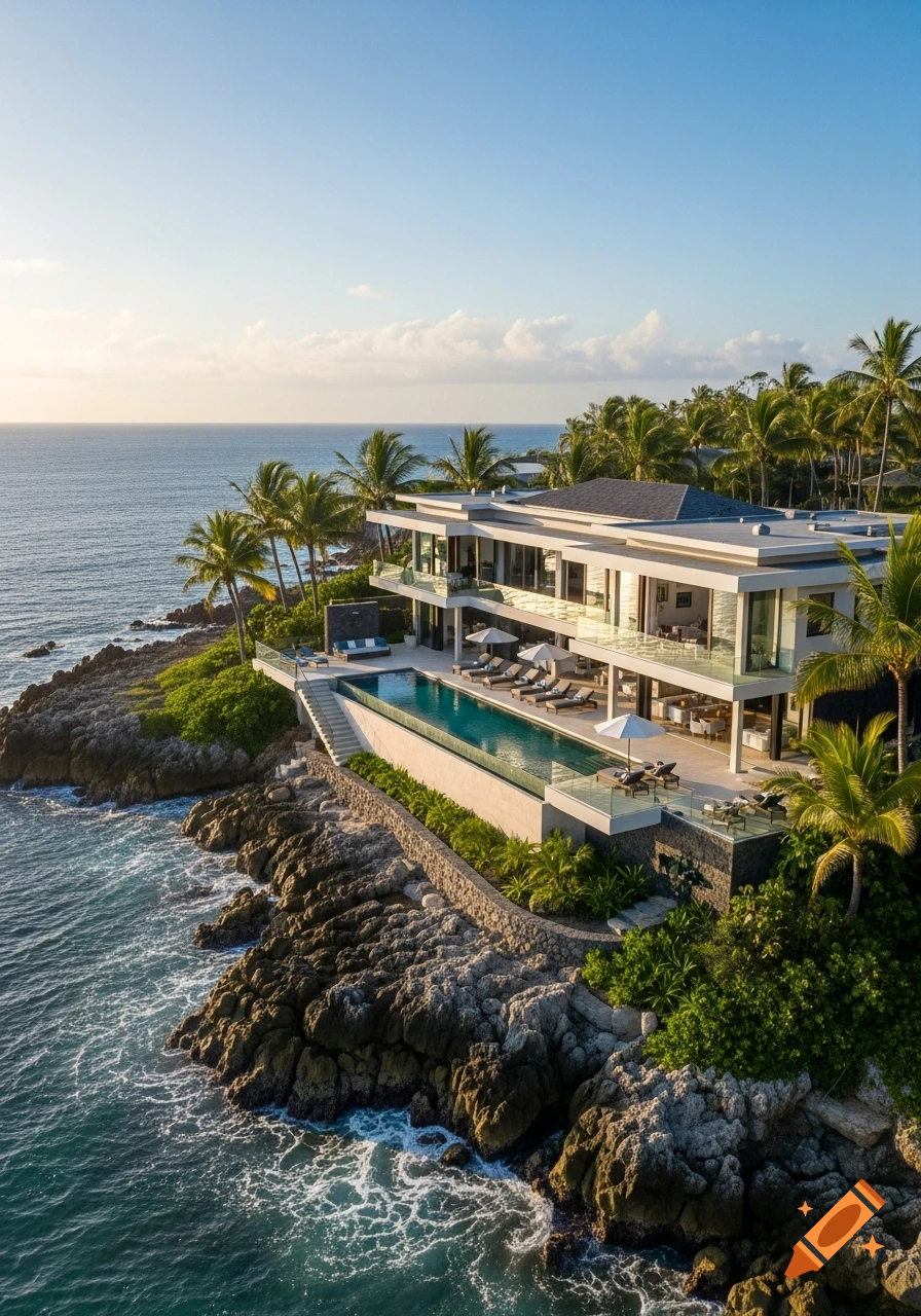 Modern white villa with an infinity pool overlooking a rocky ocean coastline at sunset, surrounded by palm trees.