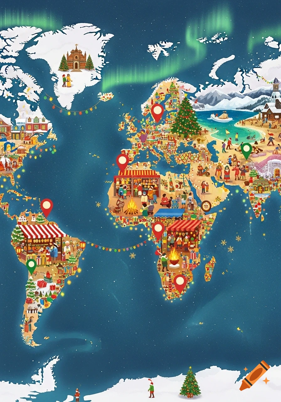 An illustrative world map showing Christmas celebrations with festive markets, people, and decorations across continents, under the Northern Lights.